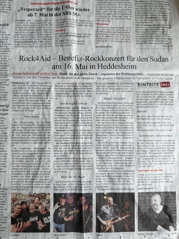 Zeitungsartikel: Rock4Aid Benefizkonzert für den Sudan