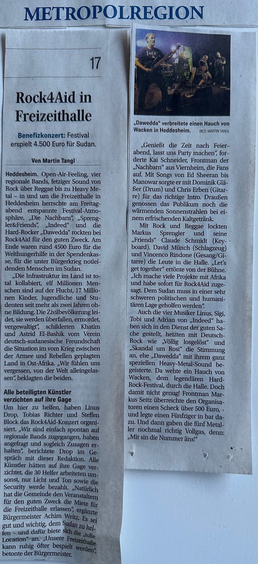 Zeitungsausschnitt über Rock4Aid 2025