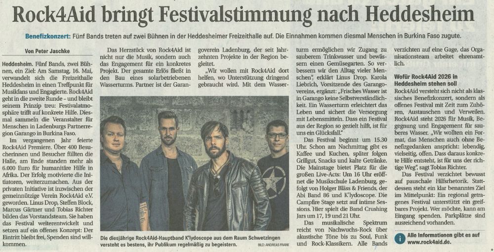 Zeitungsartikel über Rock4Aid 2026
