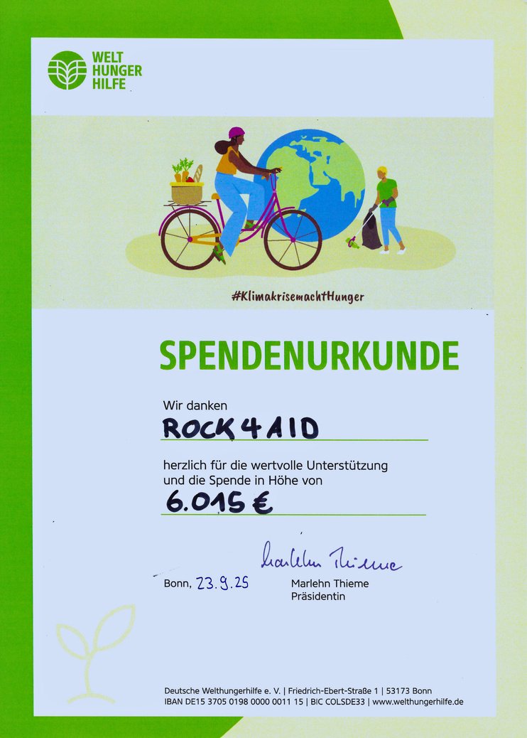 Spendenurkunde der Welthungerhilfe über 6.015 Euro für Rock4Aid
